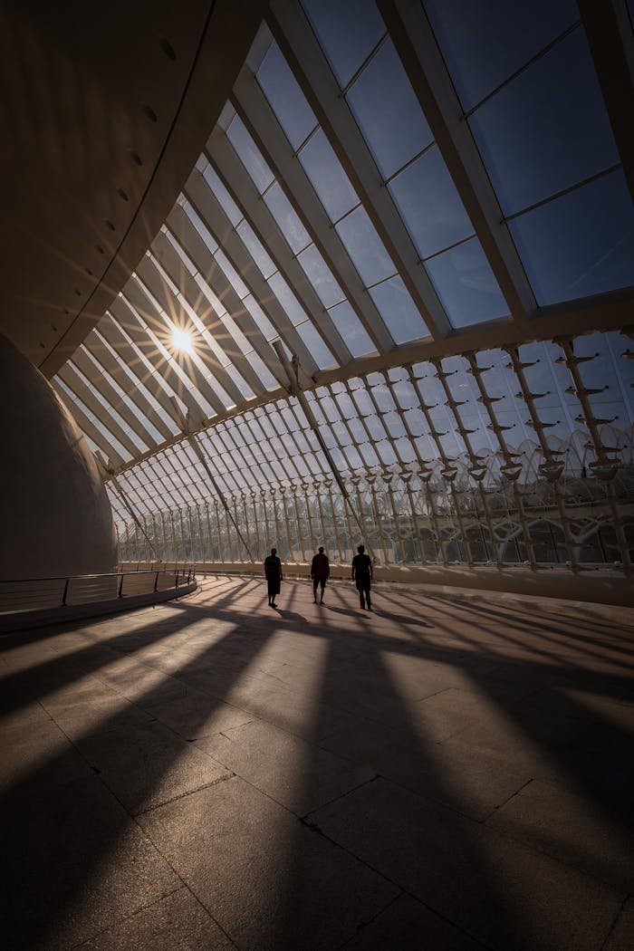 Silhouettes cast long shadows in a modern building with sunlight filtering through glass walls in Valencia.